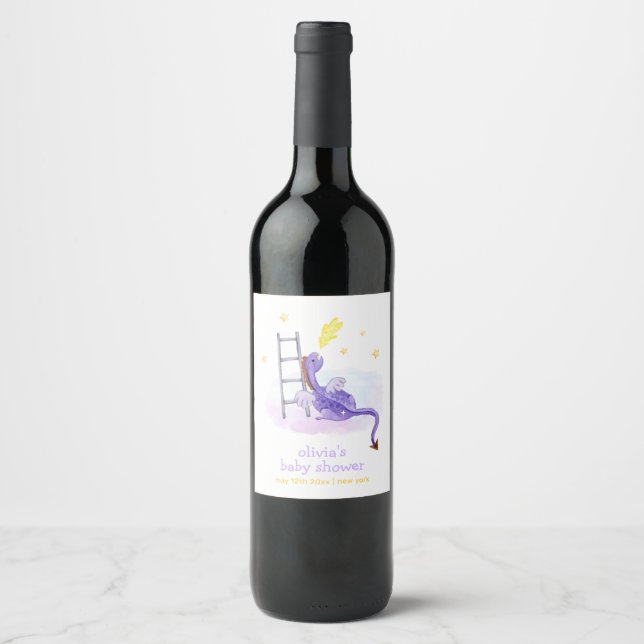 Cute Dreamy Fairytale Dragon Stars Baby Shower  Wine Label (Front)