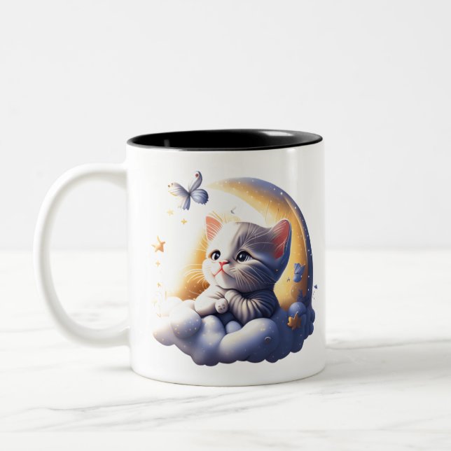cute dreamy kitten coffee Two-Tone coffee mug (Left)