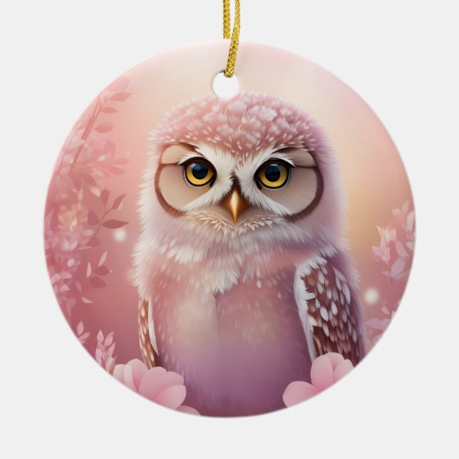 Cute Dreamy Pink Burrowing Owl  Ceramic Ornament (Front)