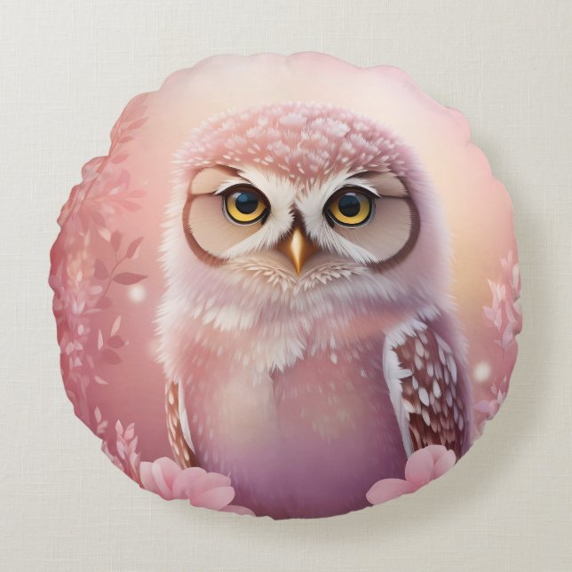 Cute Dreamy Pink Burrowing Owl  Round Cushion (Front)