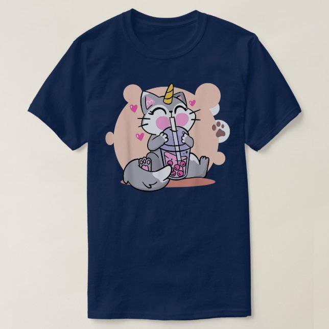 Cute Drinking Kawaii Boba Cat Bubble Anime Japanes T-Shirt (Design Front)
