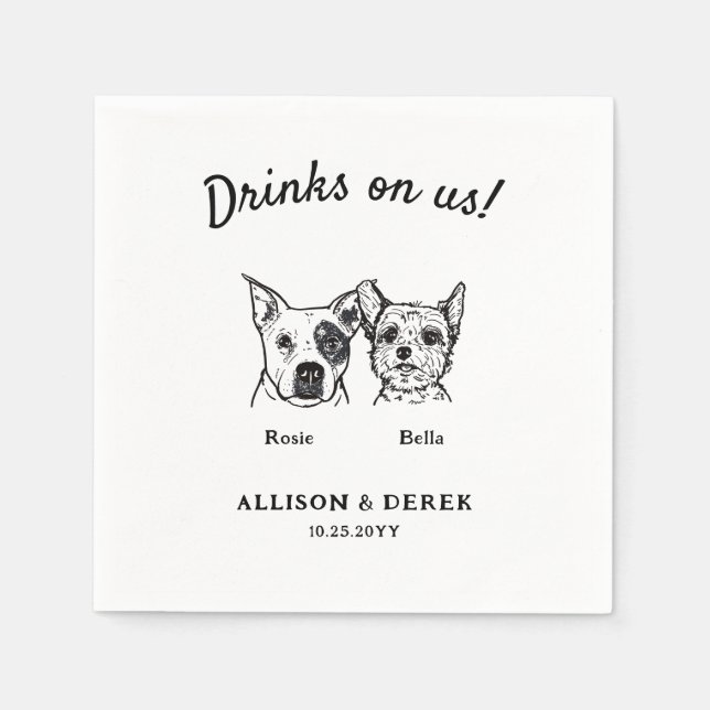 Cute Drinks On Us 2 Dogs Wedding Cocktail Napkin (Front)