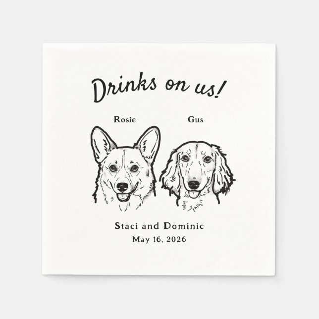 Cute Drinks On Us Corgi Dachshund Wedding Dog Napkin (Front)