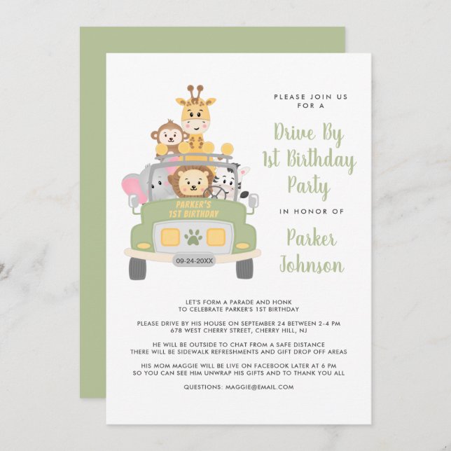 Cute Drive By Animal Safari 1st Birthday Party Invitation (Front/Back)