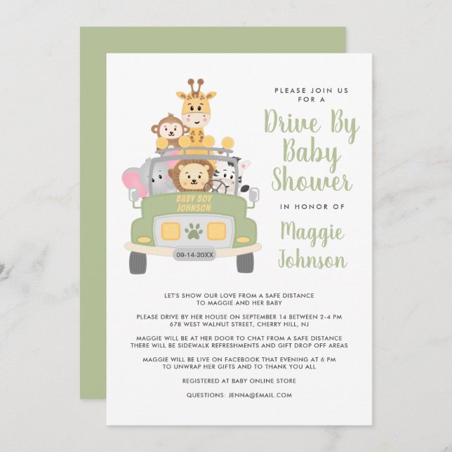 Cute Drive By Animal Safari Baby Shower Invitation (Front/Back)