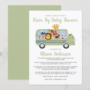 Cute Drive By Baby Shower Animal Safari Bus Green Invitation