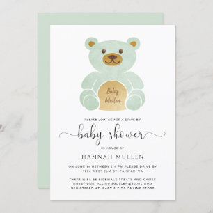 Cute Drive By Baby Shower Teddy Bear Mint Invitation