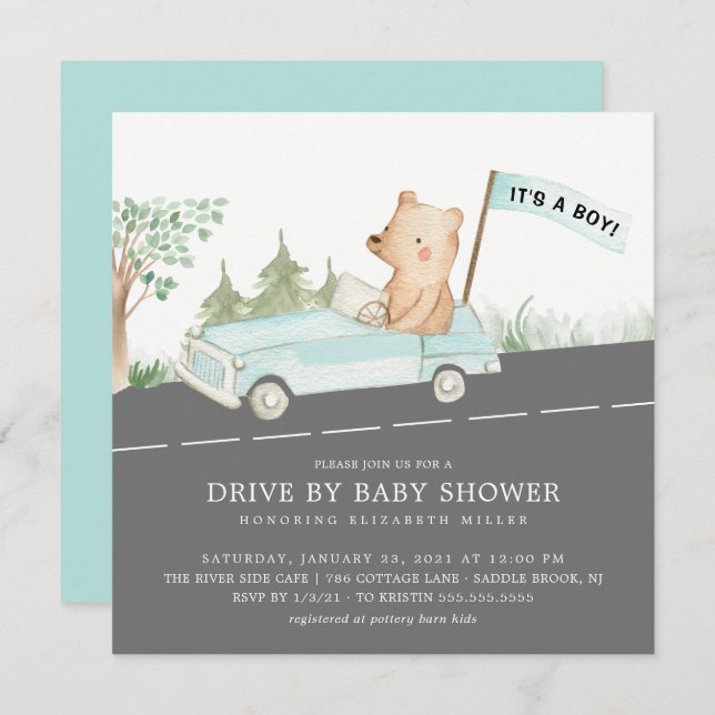Cute Drive By Bear Boys Baby Shower Invitation (Front/Back)