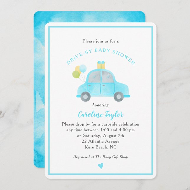 Cute Drive By Blue Car Balloons Boy Baby Shower Invitation (Front/Back)