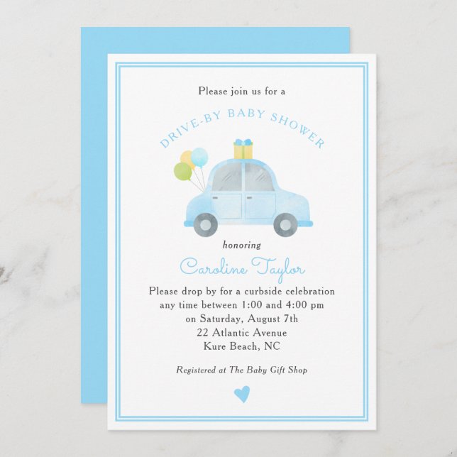 Cute Drive By Blue Car Balloons Boy Baby Shower Invitation (Front/Back)
