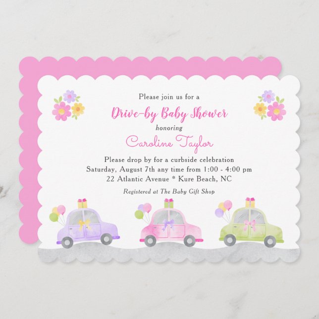 Cute Drive Through Cars and Bows Girl Baby Shower Invitation (Front/Back)