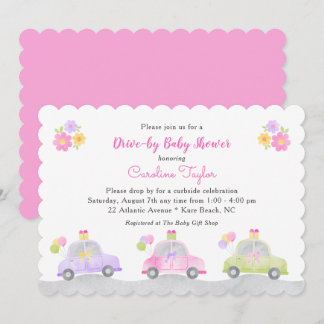 Cute Drive Through Cars and Bows Girl Baby Shower Invitation