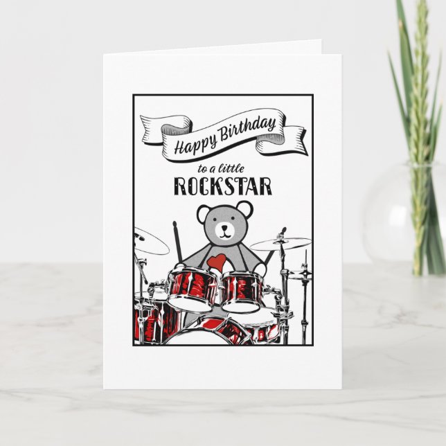 Cute Drummer Teddy Rockstar Rock & Roll Birthday C Card (Front)