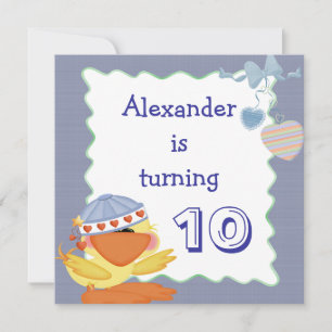 Cute Duck And Love Hearts 10th Birthday Invitation