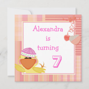 Cute Duck And Love Hearts 7th Birthday Invitation