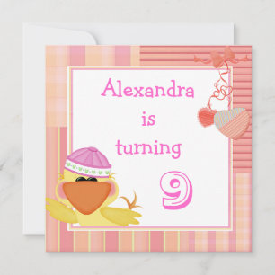 Cute Duck And Love Hearts 9th Birthday Invitation