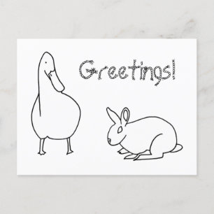 Cute Duck and Rabbit Greetings Colouring Postcards