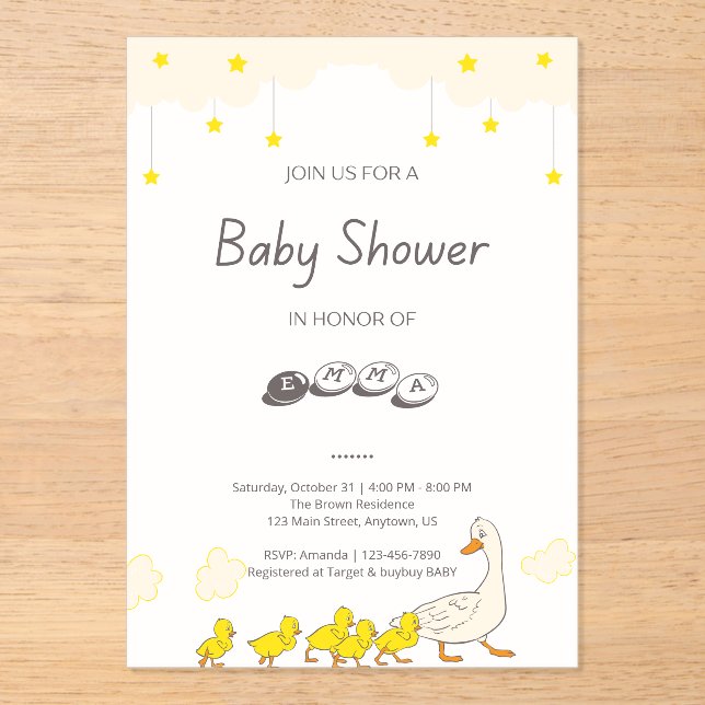Cute Duck Baby Shower Illustration Minimal Style Acrylic Invitations (Front)