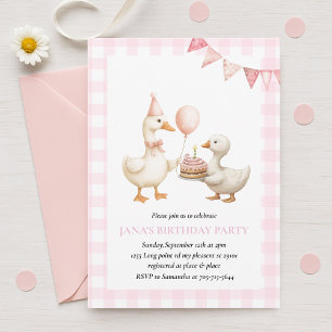 Cute Duck Birthday Party Pink Gingham Farm Theme Invitation