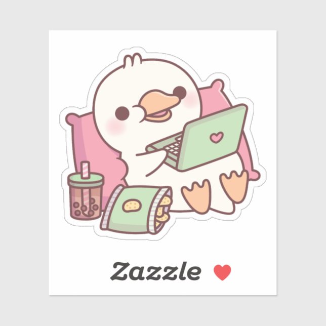 Cute Duck Chilling With Laptop And Snacks (Sheet)