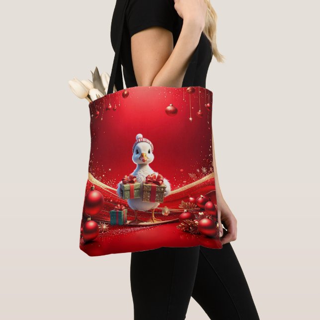 Cute Duck Christmas Holiday Tote Bag (Close Up)