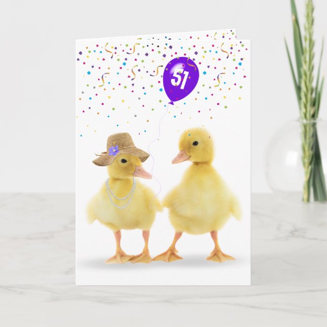Cute Duck Couple With 51st Birthday Balloon Card (Front)