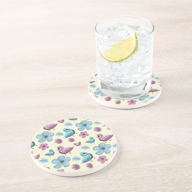 Cute Duck Floral Pattern Aesthetic Pastel Kawaii B Coaster (Side)