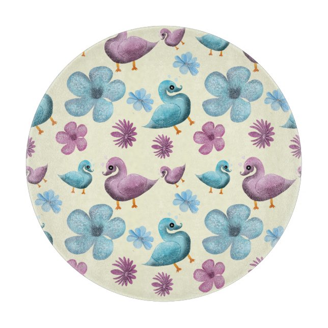 Cute Duck Floral Pattern Aesthetic Pastel Kawaii B Cutting Board (Front)