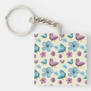 Cute Duck Floral Pattern Aesthetic Pastel Kawaii B Key Ring