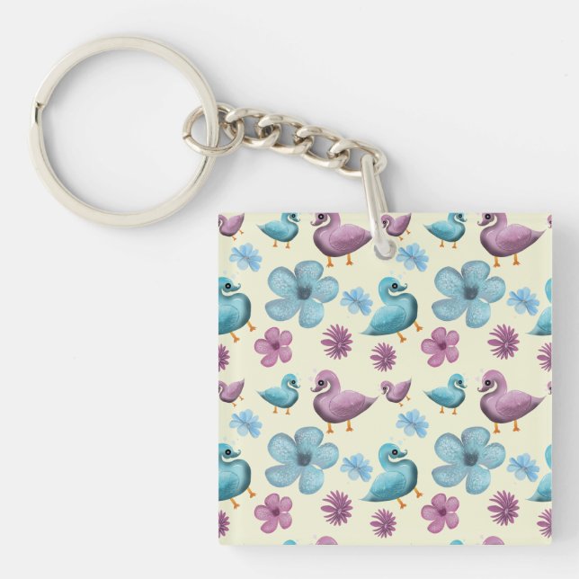Cute Duck Floral Pattern Aesthetic Pastel Kawaii B Key Ring (Front)