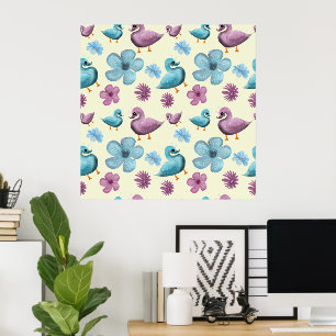 Cute Duck Floral Pattern Aesthetic Pastel Kawaii B Poster