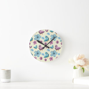 Cute Duck Floral Pattern Aesthetic Pastel Kawaii B Round Clock