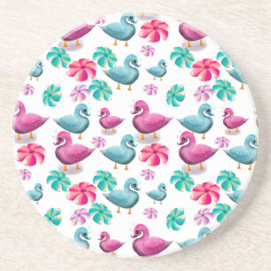 Cute Duck Floral Pattern Kawaii Pink Blue Ducks Coaster