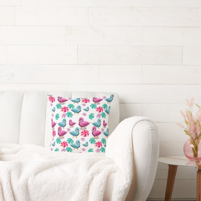 Cute Duck Floral Pattern Kawaii Pink Blue Ducks  Cushion (Couch)