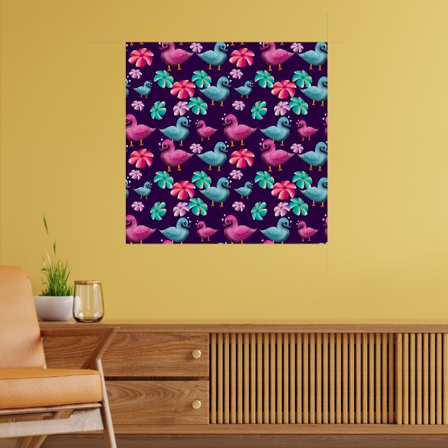 Cute Duck Floral Pattern Kawaii Pink Blue Ducks  Poster (Living Room 2)