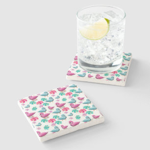 Cute Duck Floral Pattern Kawaii Pink Blue Ducks Stone Coaster