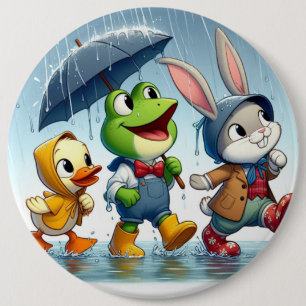 Cute duck, frog, bunny in the rain 6 cm round badge