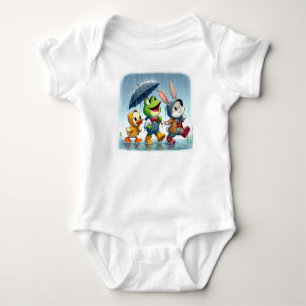 Cute duck, frog, bunny in the rain baby bodysuit