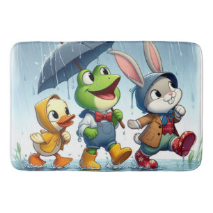 Cute duck, frog, bunny in the rain bath mat