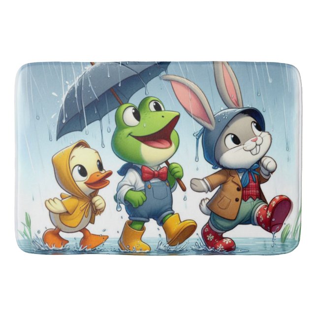 Cute duck, frog, bunny in the rain bath mat (Front)