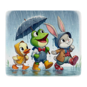 Cute duck, frog, bunny in the rain cutting board