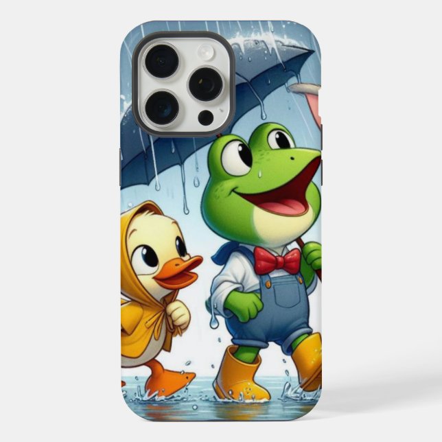 Cute duck, frog, bunny in the rain iPhone case (Back)