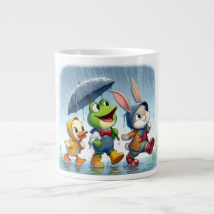 Cute duck, frog, bunny in the rain large coffee mug