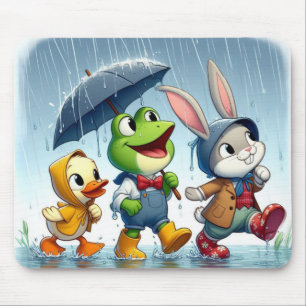 Cute duck, frog, bunny in the rain mouse pad