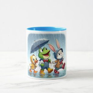 Cute duck, frog, bunny in the rain mug