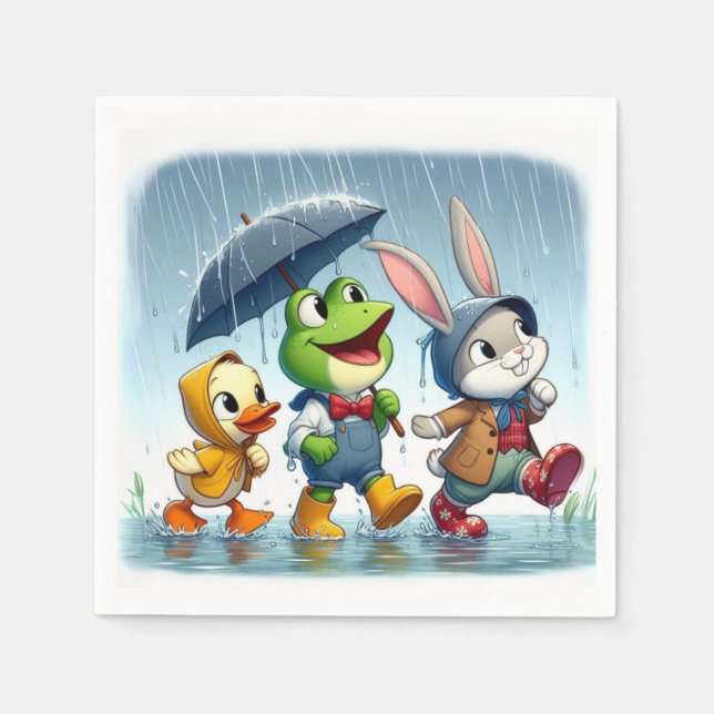 Cute duck, frog, bunny in the rain napkin (Front)