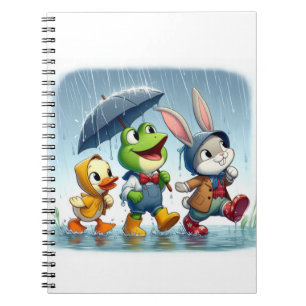 Cute duck, frog, bunny in the rain notebook