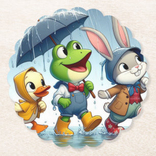 Cute duck, frog, bunny in the rain paper coaster