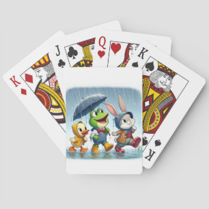 Cute duck, frog, bunny in the rain playing cards