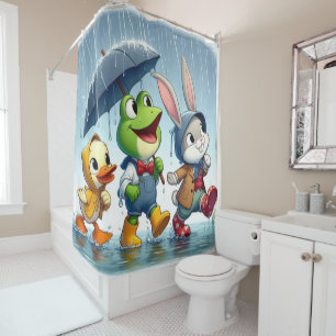 Cute duck, frog, bunny in the rain shower curtain